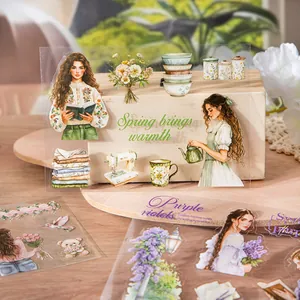 Lentemiddag PET-stickers voor scrapbooking met vintage bloemen en figuurontwerpen