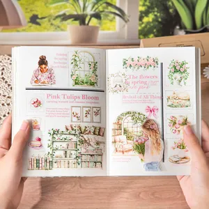 Lente landschap stickerboek met bloemrijke tulpen en creatieve DIY-dagboek decoratie