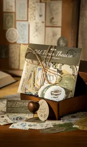 Macro detail of 200pcs vintage scrapbooking paper set in rustic theater aesthetic