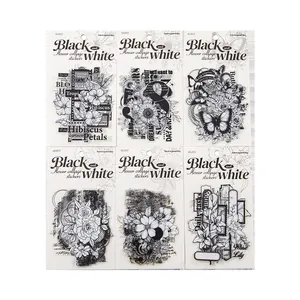 Lot de 10 autocollants fleurs noir et blanc rétro pour collage et décoration de carnet