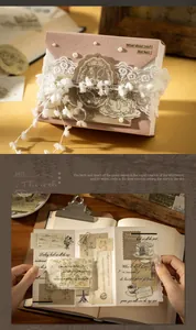 Macro detail of retro lace and pearl decor on pink vintage floral craft paper notes