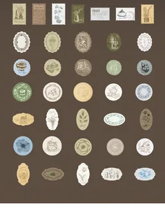 Flat lay of vintage scrapbooking stickers with hand-drawn botanical and coffee motifs