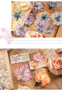 Macro detail of floral PET stickers with crystal ink finish for scrapbooking decor