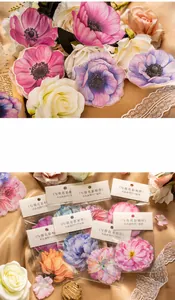 Macro view of crystal ink flower stickers and transparent PET material for journaling