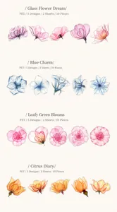 Detail of PET floral stickers with crystal ink printing in four color series, 10 pieces pack