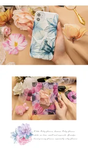 Floral iPhone case and decorative cards with blue and pink flowers on silk background