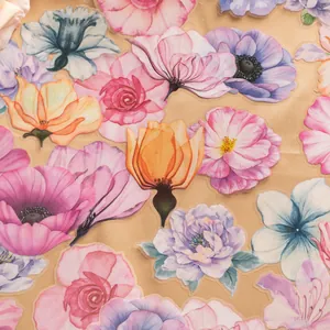 Watercolor floral transparent PET stickers set with various artistic flowers in soft colors