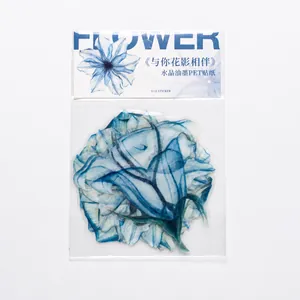 Floral PET stickers with blue watercolor flowers and crystal ink for DIY scrapbooking