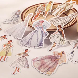Vintage fashion woman washi stickers pack with retro illustrations for DIY journaling scrapbooking