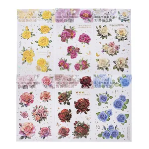 Juego de 6 hojas de pegatinas decorativas de jardín de rosas con detalles dorados