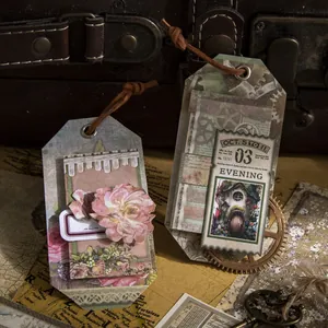 Vintage decorative scrapbook material paper tags with floral and steampunk forest designs