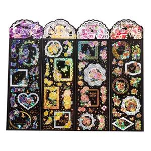 Autocollants PET rose dentelle avec dorure et effet laser pour le scrapbooking