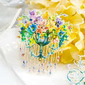 Floral PET sticker with silver holographic finish and vintage vase hanging tassel