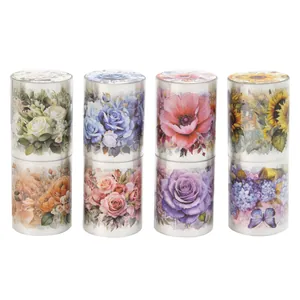 Floral PET tape set featuring four rolls of realistic rose and sunflower patterns