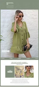 Detail showing sage green textured fabric with wooden buttons and ruffle hem design