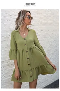 Detail of avocado green textured babydoll dress with button-up front and v-neckline