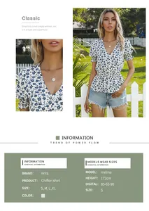 Detail of V-neck floral chiffon shirt showing sizing chart and outdoor lifestyle view