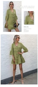 Detail view of grass green V-neck dress with texture fabric and wooden buttons decoration