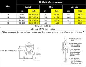 Detailed size chart for women's drawstring shorts including waist and hip measurements