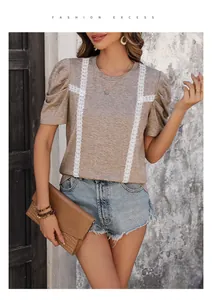 Detail of lace patchwork and puff sleeves on this casual brown summer t-shirt for women