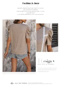 Detail of lace patchwork and puff sleeves on khaki knit t-shirt for summer style
