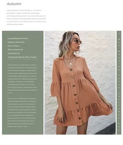 Detail of V-neckline with single-breasted buttons and tiered ruffled hem on ginger dress