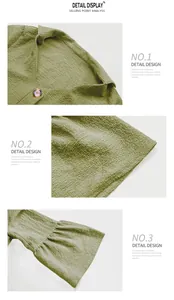 Close-up of sage green textured fabric showing the lapel collar and ruffle cuff details