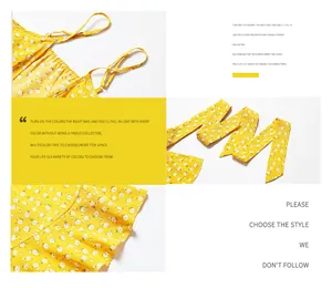 Detail of yellow polka dot summer dress showing thin straps and ruffled hemline
