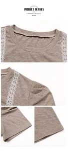 Detailed close-up of brown knit tee showing white lace trim and double-needle hem stitching