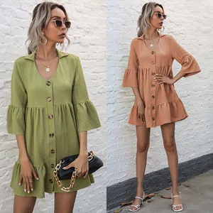 Women's V-neck button-down tiered dress with ruffle sleeves in green and orange