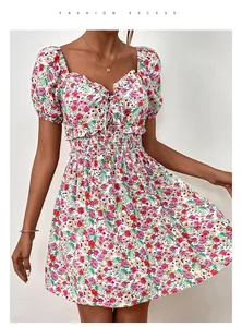 Detail of floral summer dress with puff sleeves, smocked waist, and ruffle neckline