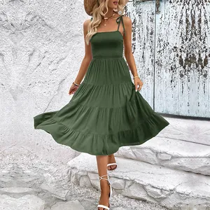 Damen Gesmoktes Gestuftes Midi-Kleid Sexy Rückenfrei Zum Binden Träger Einfarbig Viskose Sommer Urlaub Strand A-Linie Sommerkleid