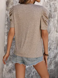 Women's light khaki T-shirt with puff sleeves and lace details in a casual summer style