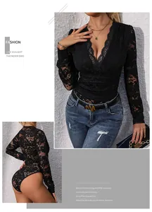 Close-up of elegant black lace bodysuit with V-neckline and intricate floral texture