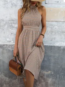 Elegant halter neck sleeveless maxi dress with brown geometric print and high waist