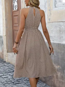 Elegant halter neck backless dress with brown geometric print and high waist detail