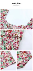 Floral summer dress details featuring square ruffle neckline and smocked elastic waist