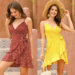 Floral summer wrap dress with V-neck and ruffle hem in burgundy and yellow colors