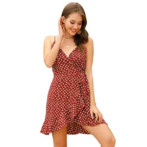 Summer burgundy polka dot wrap mini dress with spaghetti straps and ruffled hem