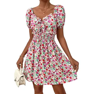 Floral A-line summer dress with puff sleeves and smocked waist on a white background
