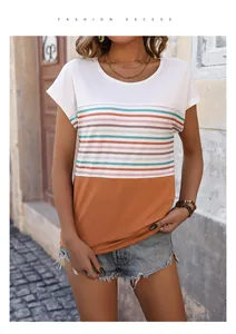 Close-up of color-block striped t-shirt featuring vibrant orange and multi-color patterns