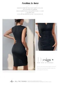 Close-up of ruched detailing and V-neckline on this black midi bodycon sleeveless dress