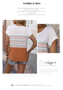 Detail of color-block striped T-shirt showing round neckline and premium knit texture