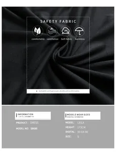 Size chart and fabric details for V-neck sleeveless dress featuring model measurements