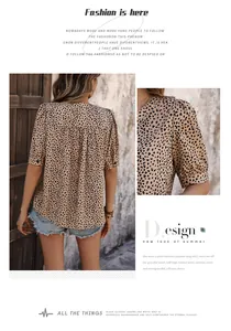 Detail of leopard print puff sleeves and pleated back design on casual summer shirt