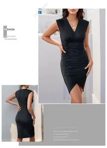 Detail of elegant black sleeveless V-neck dress with sophisticated front pleats and draping
