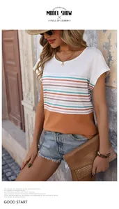 Close-up of color-block striped T-shirt with white, multicolored, and earth-tone segments