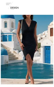 Detail view of black V-neck sleeveless dress with elegant side ruching and slit design
