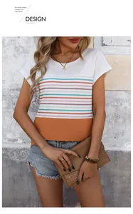 Close-up of a color-block striped T-shirt featuring white, multi-color bands, and orange