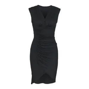 Detail of V-neck sleeveless dress featuring ruched waist and asymmetric tulip hemline